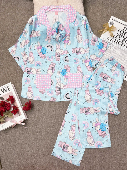 Baby Blue Bunny Satin Pajama Short Sleeve