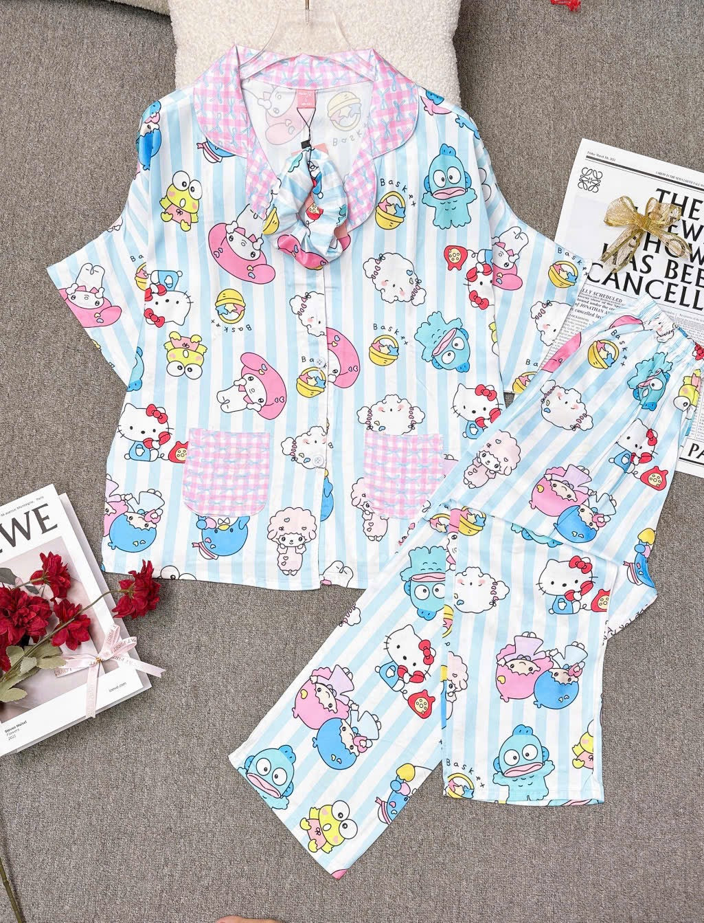 Blue Stripe Sanrio Satin Pajama Short Sleeve