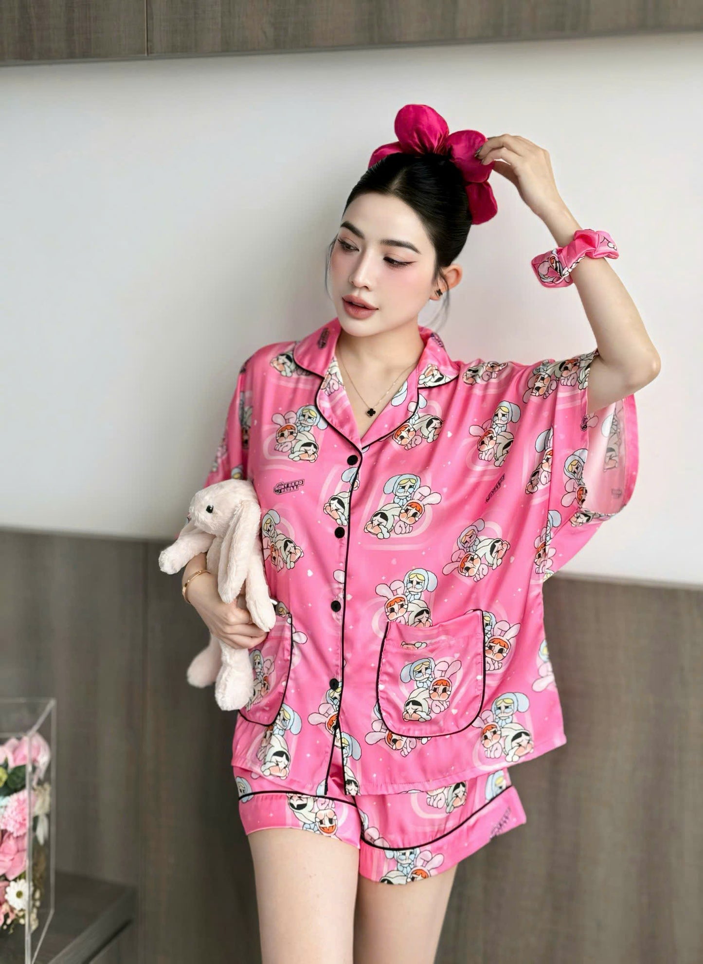 Dark Pink Cry Baby Satin Pajama Short Set