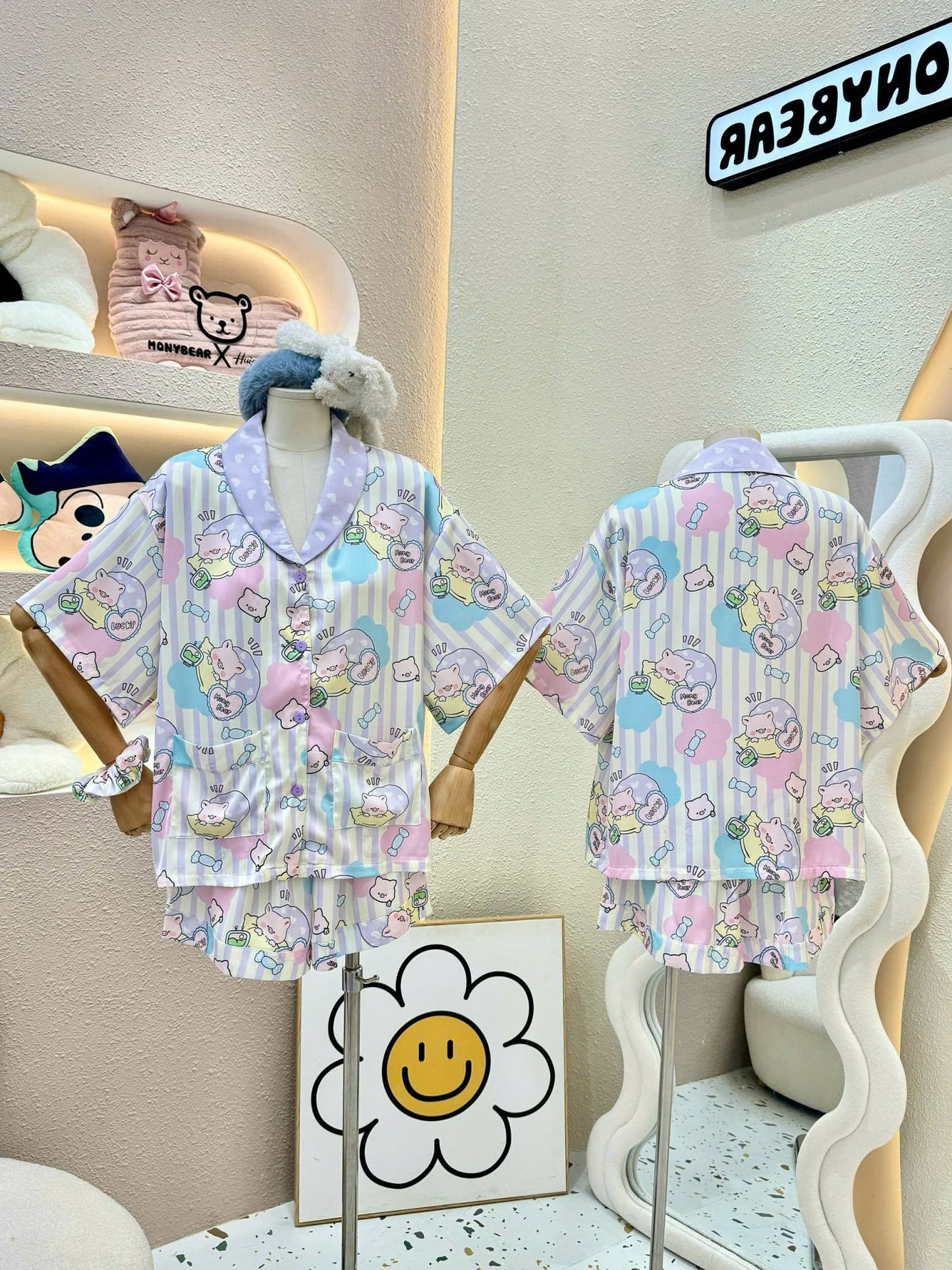 Pastel Stripe Sleeping Pig Satin Pajama Short Set