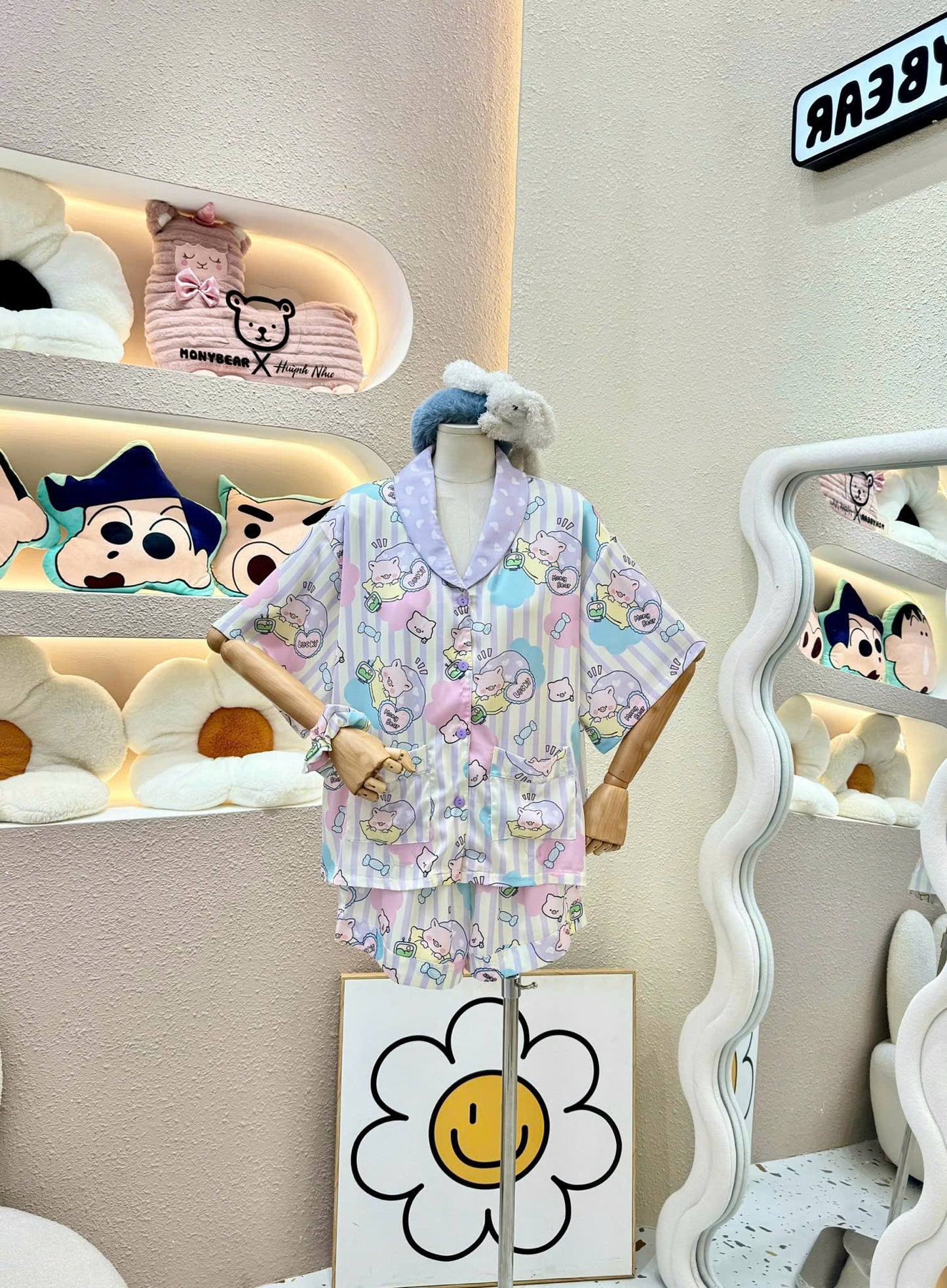 Pastel Stripe Sleeping Pig Satin Pajama Short Set