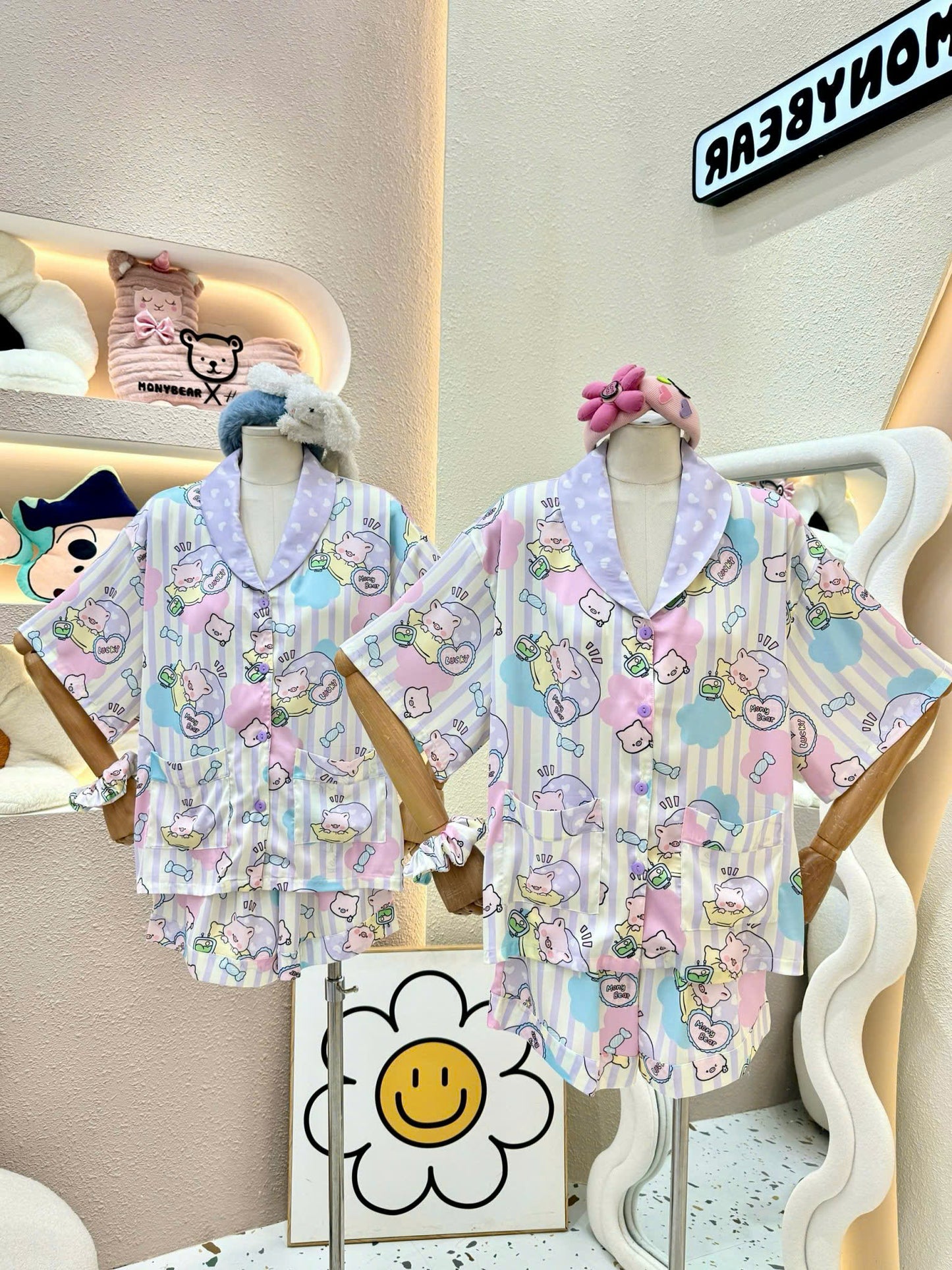 Pastel Stripe Sleeping Pig Satin Pajama Short Set